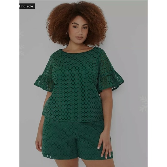 Lane Bryant Green Short Ruffle Sleeve Eyelet Lined Cotton Top Womens 22(2XL) NWT - Picture 2 of 12